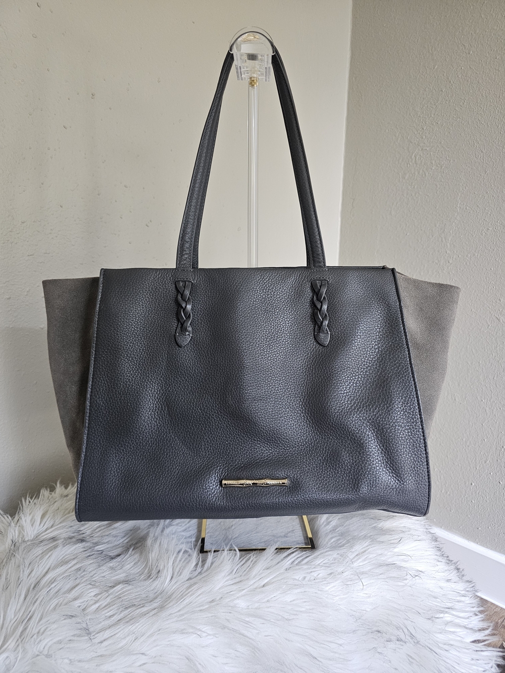 Elaine Turner Gray Pebbled Leather Tote w/ Pink Interior Large Shopper